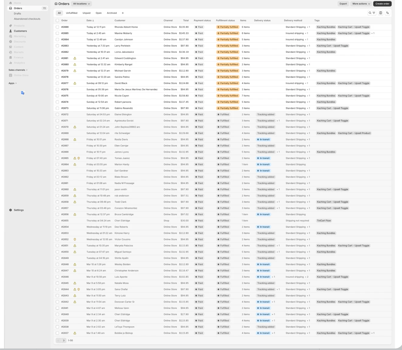 Shopify admin order list for the wellness brand during day-to-day store management
