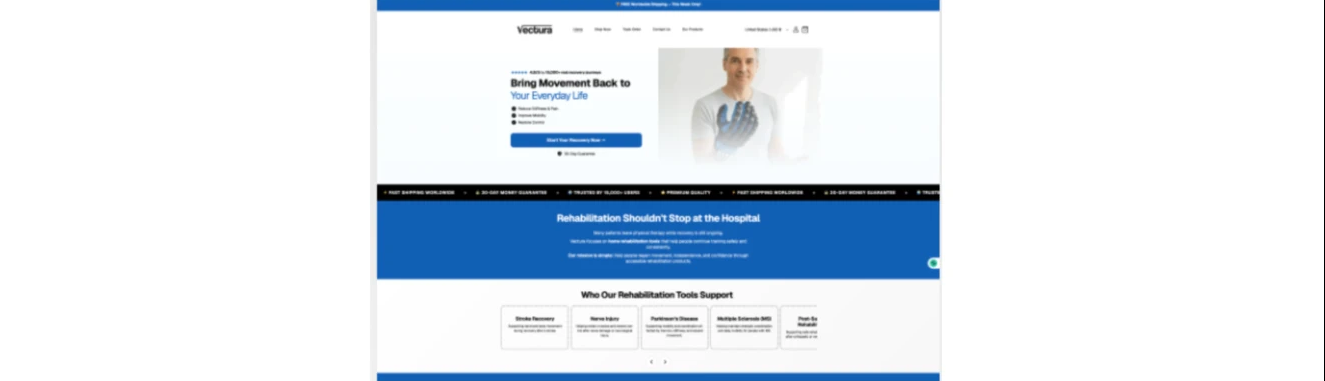 Homepage hero section for the rehabilitation-equipment brand, with the main call to action and trust badges