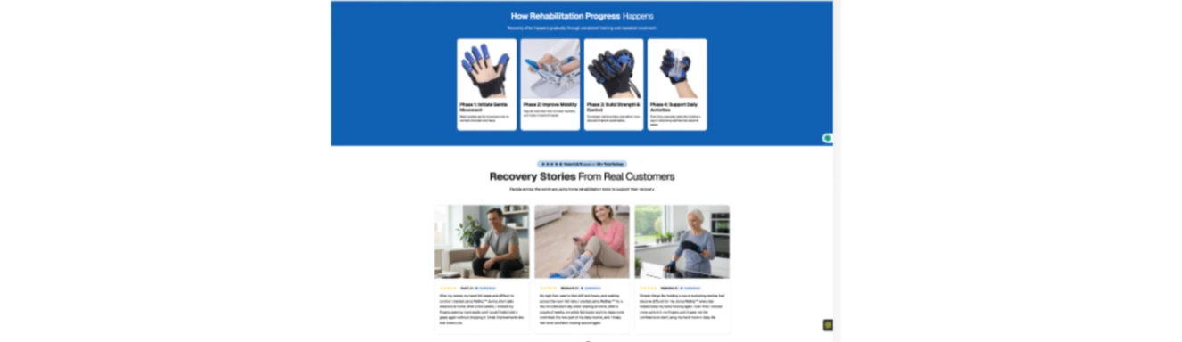 Homepage section showing the rehabilitation program breakdown and customer testimonials