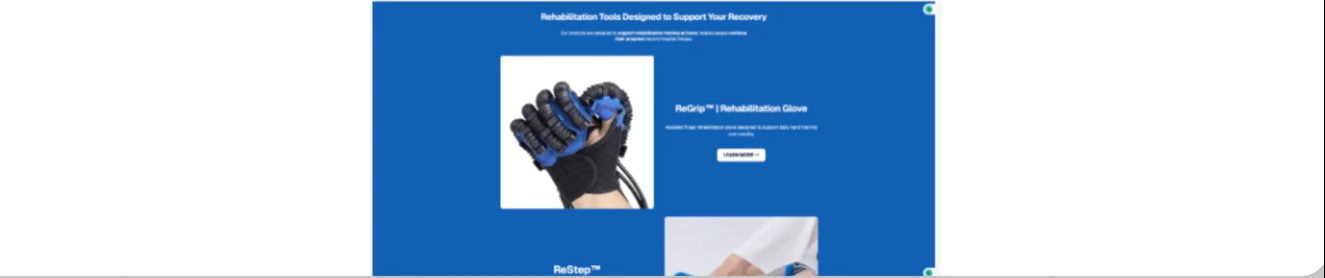 Homepage product section featuring the ReGrip rehabilitation glove